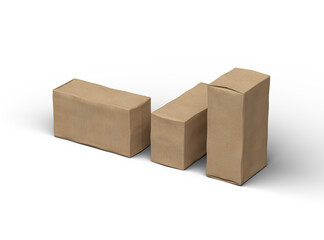 Rendered image of a rectangular cardboard box with dents on a light background