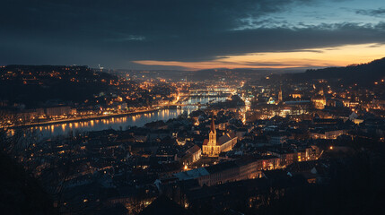 Fototapeta premium Sunset over the river, illuminating the city of Heidelberg with vibrant lights and a picturesque skyline