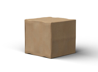 Rendered image of a small cubic cardboard box with dents on a light background