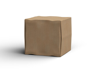 Rendered image of a small cubic cardboard box with dents on a light background