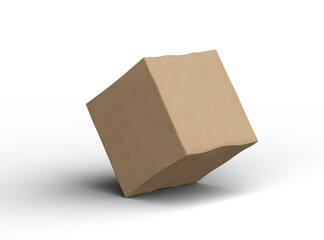 Rendered image of a small cubic cardboard box with dents on a light background