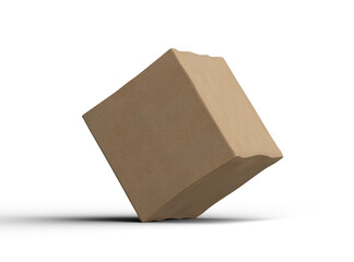 Rendered image of a small cubic cardboard box with dents on a light background