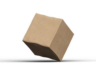 Rendered image of a small cubic cardboard box with dents on a light background