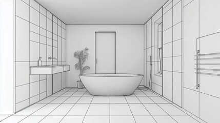 Bathroom interior design sketch outline drawing modern washroom, bathtub