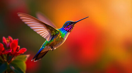 Fototapeta premium Vibrant Hummingbird in Flight with Red Flowers and Golden Sunset Background