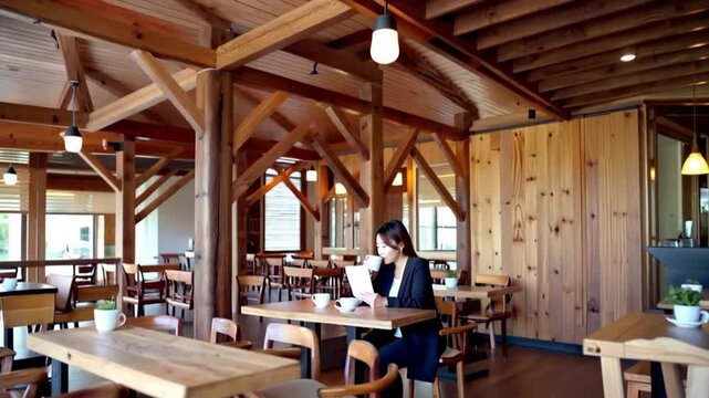 Modern cafe with wood textured interior and wooden structural elements, stylish and cozy atmosphere