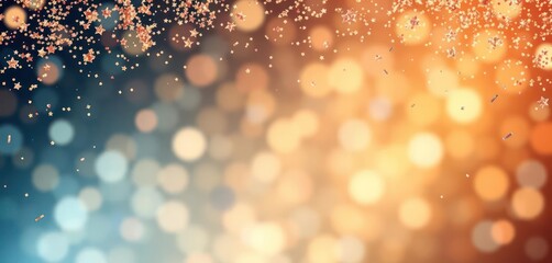 A vibrant image of gold and copper confetti falling against a backdrop of beautiful bokeh lights.