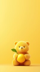 Cute Yellow Bear Holding an Orange on a Bright Yellow Background