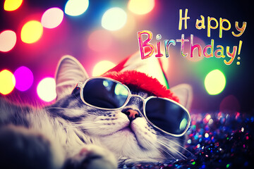 An adorable cat wearing a festive hat, looking cheerful, with bold italic text in the top-right corner that reads "Happy Birthday!" 
