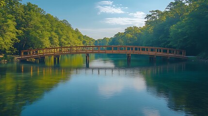 Fototapeta premium Wooden bridge over calm, clear water reflecting lush green trees under a blue sky.