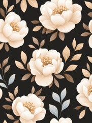 Elegant Floral Pattern with Creamy Blooms on Dark Background