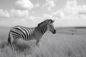 A lone zebra stands in tall grass under a cloudy sky