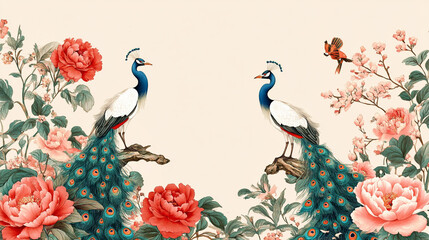 Naklejka premium Elegant depiction of peacocks amidst vibrant floral arrangements in an artistic setting
