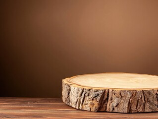 Natural Wooden Log Slice on Rustic Table with Brown Background