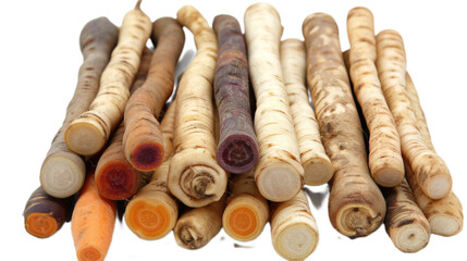 A closeup of a bountiful harvest of freshly dug parsley roots, showcasing the vibrant hues and rustic textures of this versatile culinary ingredient.  