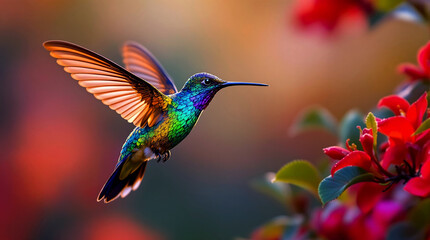 Obraz premium Vibrant Hummingbird in Flight with Red Flowers and Golden Sunset Background
