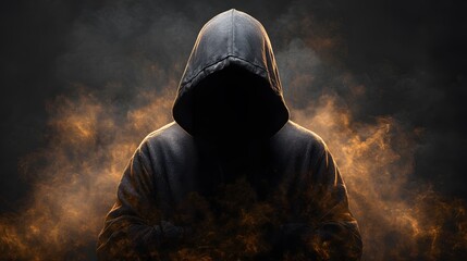 Silhouette of a Hooded Individual with a Hidden Face in Dark Lighting