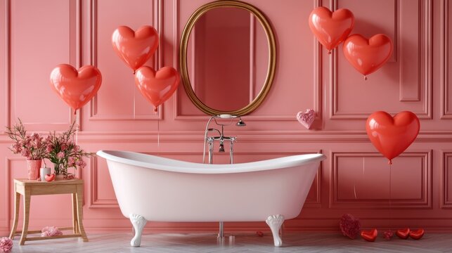 Romantic bathroom setup with heart balloons and floral accents
