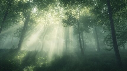 Sunlight filters through a dense forest creating a tranquil atmosphere in nature