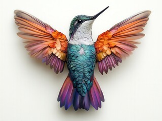 Obraz premium a colorful hummingbird is seen with its wings fully extended on a white background