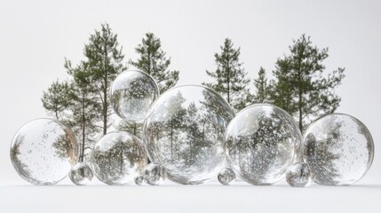glass spheres and pine trees in a wintry landscape
