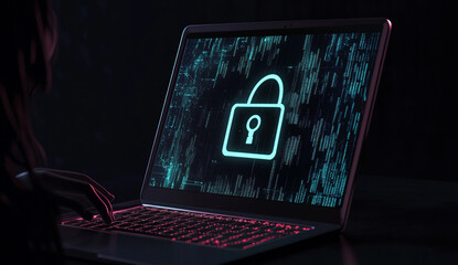 Laptop with digital padlock icon on the screen, 