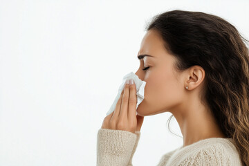 Photo of a woman blowing her nose with a tissue, side view on a white background.