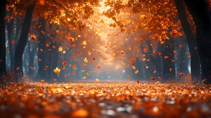 Autumn Leaves Falling in Forest with Sunlight Filtering Through Trees