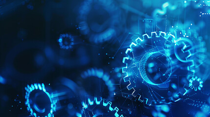 Abstract blue glowing digital network with gears on dark background, global business concept banner 