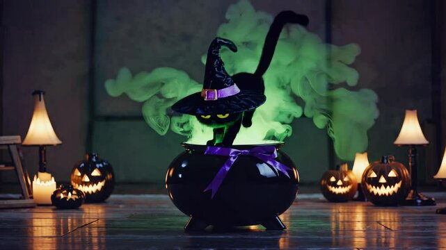 Black cat wearing a witch hat peeking out of a glowing cauldron with green smoke, surrounded by Halloween pumpkins
