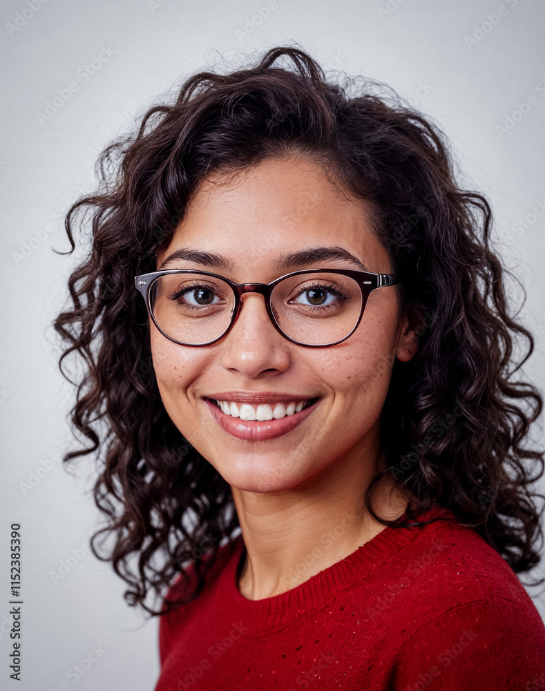 Wall mural smiling woman, dark curly hair, red sweater