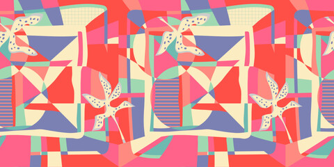 Creative collage modern abstract tropical floral seamless pattern with geometric colorful shapes