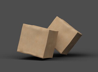 Rendered image of a small cubic cardboard box with dents on a dark background