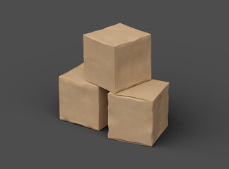 Rendered image of a small cubic cardboard box with dents on a dark background