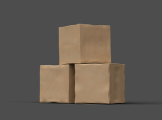 Rendered image of a small cubic cardboard box with dents on a dark background