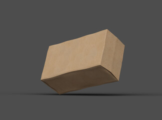 Rendered image of a rectangular cardboard box with dents on a dark background