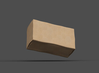 Rendered image of a rectangular cardboard box with dents on a dark background