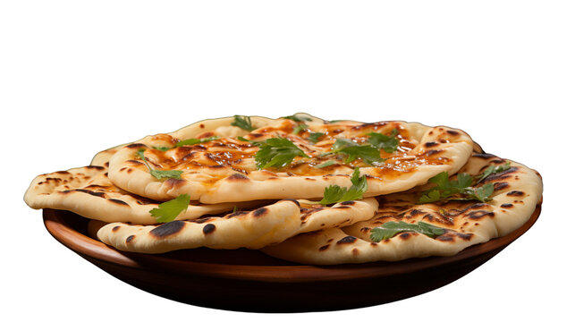 Deliciously spiced Amritsari kulcha, an Indian street food staple, known for its fluffy texture and rich flavor, studio view, isolated on transparent background.