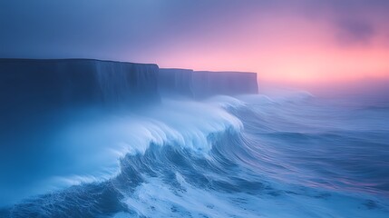 Fototapeta premium Dramatic ocean waves crashing against high cliffs at sunset.