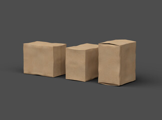 Rendered image of a small rectangular cardboard box with dents on a dark background