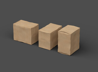 Rendered image of a small rectangular cardboard box with dents on a dark background