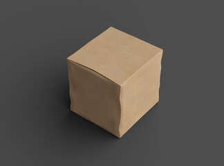 Rendered image of a small cubic cardboard box with dents on a dark background