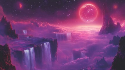 Fototapeta premium Abstract cosmic landscape with floating islands, shimmering waterfalls, and ethereal plants.