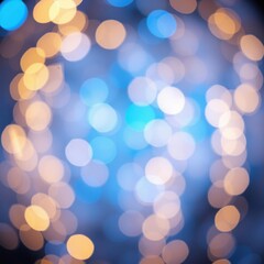 Blurred bokeh lights, abstract circular patterns, blue and gold orbs, soft focus photography, dreamy atmosphere, festive illumination, defocused background, magical sparkles, ethereal glow, night sky 