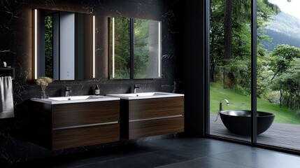 A bathroom with two sinks and a bathtub
