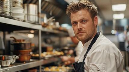 Fototapeta premium Chef preparing gourmet dishes in a bustling restaurant kitchen during the evening dinner service