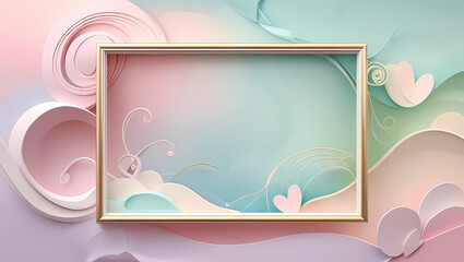 Pastel Dreams: A delicate and ethereal backdrop featuring a golden frame set against a swirling landscape of soft pink, blue, and green hues. Perfect for showcasing products, designs.