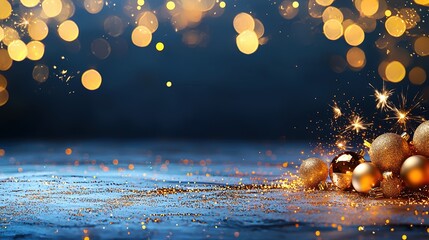 Empty Christmas table background with Christmas balls for product display montage. Backdrop with shimmering lights and golden ornaments, bokeh. For product display, holiday promotions, greeting cards.