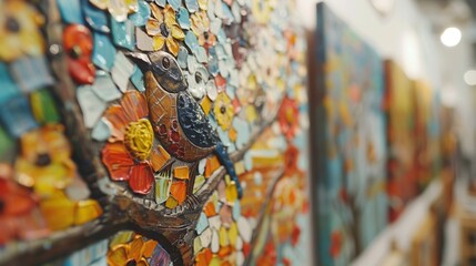 Fototapeta premium Colorful mosaic artwork featuring a bird amidst vibrant flowers displayed in an art gallery