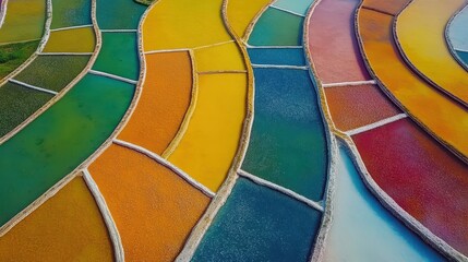 Fototapeta premium Aerial view of vibrant geometric patterns of salt canals with reflection